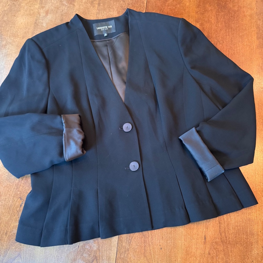 Lafayette 148 Blazer Women 18 Black Collarless Pleated Hem Satin Cuff Jacket